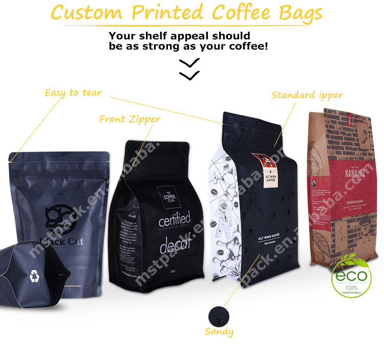 Packaging from 100% sugar cane material Coffee Pouches With Empty Air Valve bio coffee bag