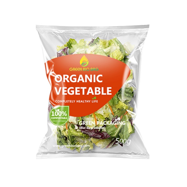 Bioplastics compostable green packaging bag for vegetable salad with barrier