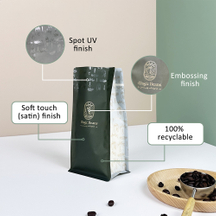 Custom Printed Spot UV Matte Finish Embossing Recyclable Material 100g Flat Bottom Coffee Bag with Zipper and Degassing Valve