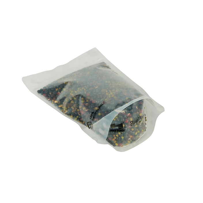 Custom size Recycled sustainable pouch packaging fully translucent with zipper