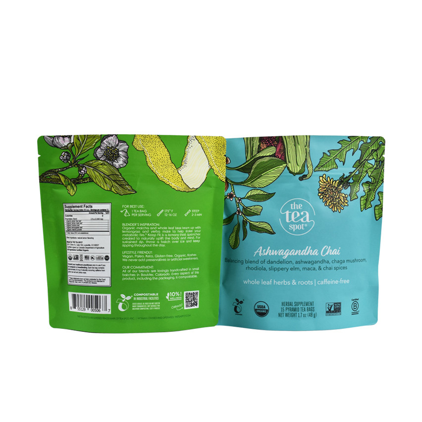 Compostable Custom Production Ziplock Stand Up Tea Pouches Packaging Wholesale