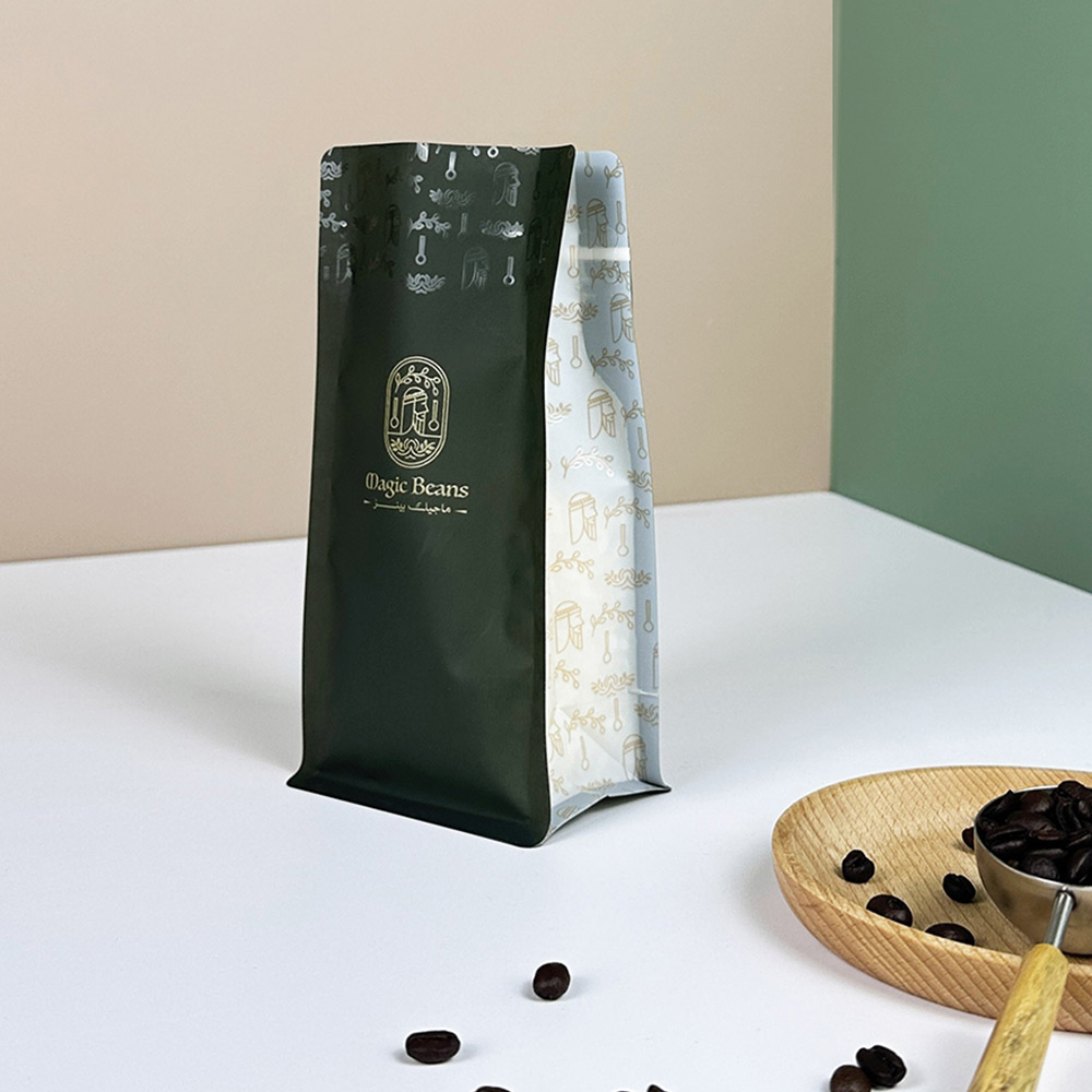 Custom Printed Spot UV Matte Finish Embossing Recyclable Material 100g Flat Bottom Coffee Bag with Zipper and Degassing Valve