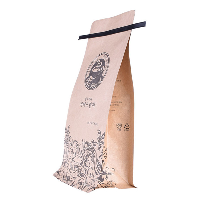 Compostable block bottom kraft paper coffee bags printed with round corner