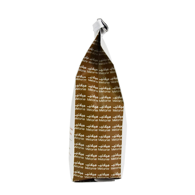Laminate side gusset one way valve coffee sachet with tin tie