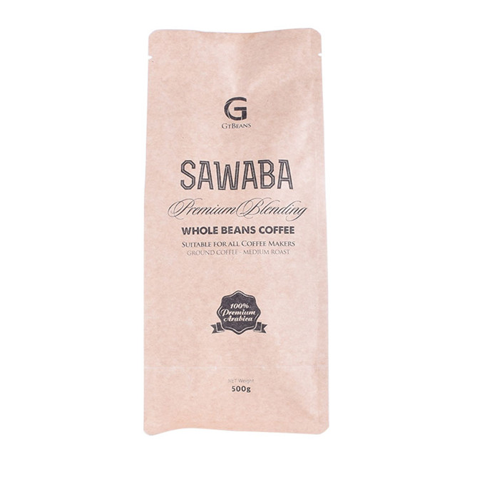 Compostable block bottom kraft paper coffee bags printed with round corner