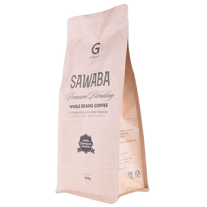 Compostable block bottom kraft paper coffee bags printed with round corner
