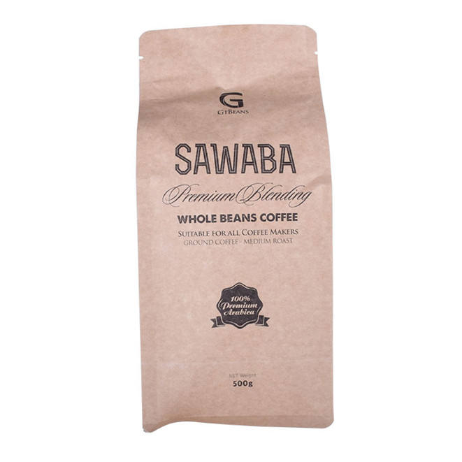 Laminated recyclable paper coffee bag with valve in box shaped packaging